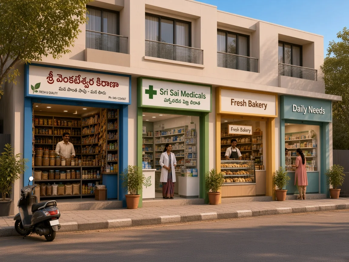 A neighbourhood street with a kirana grocery, medical store, bakery and daily-needs store side by side.