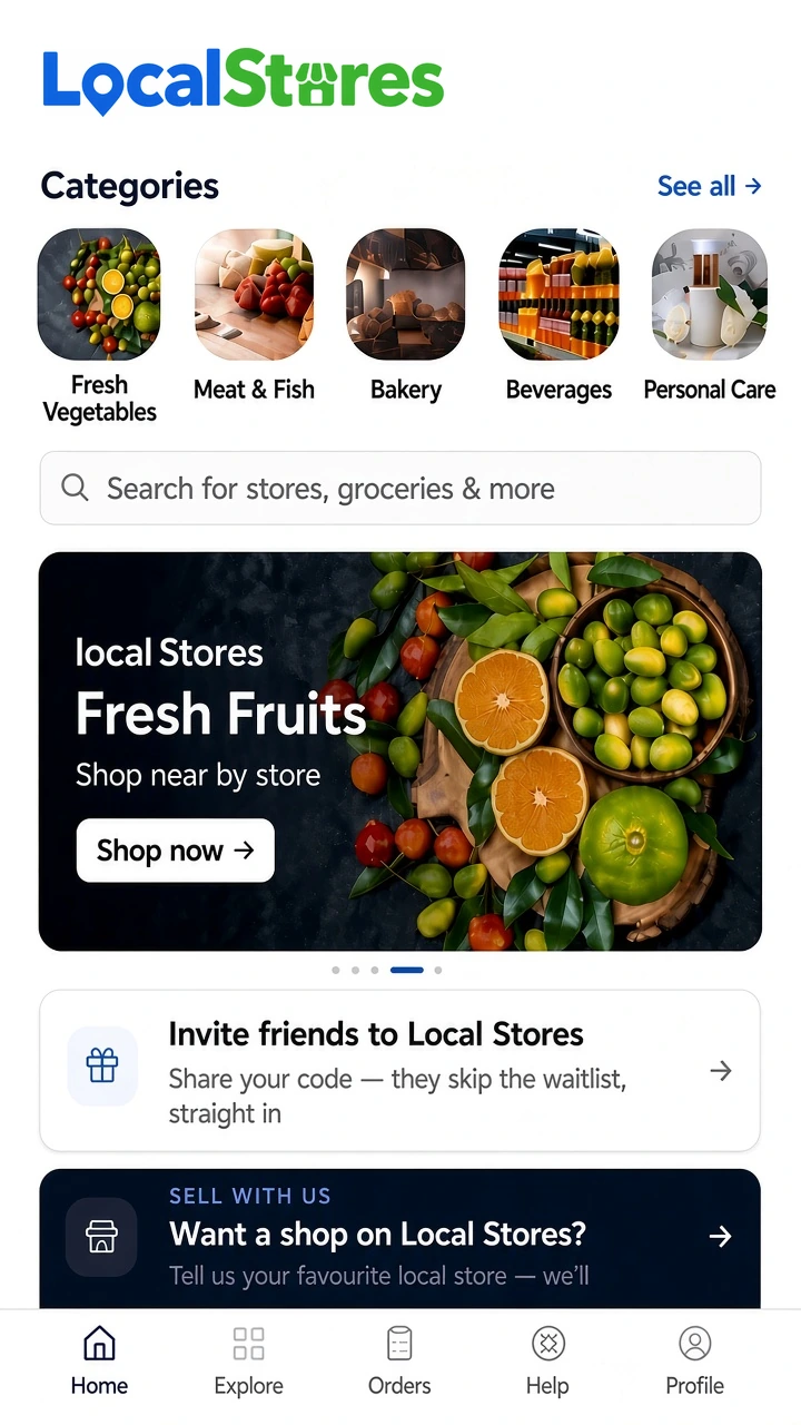 The LocalStores app home screen: categories, search and a fresh fruits promotion.