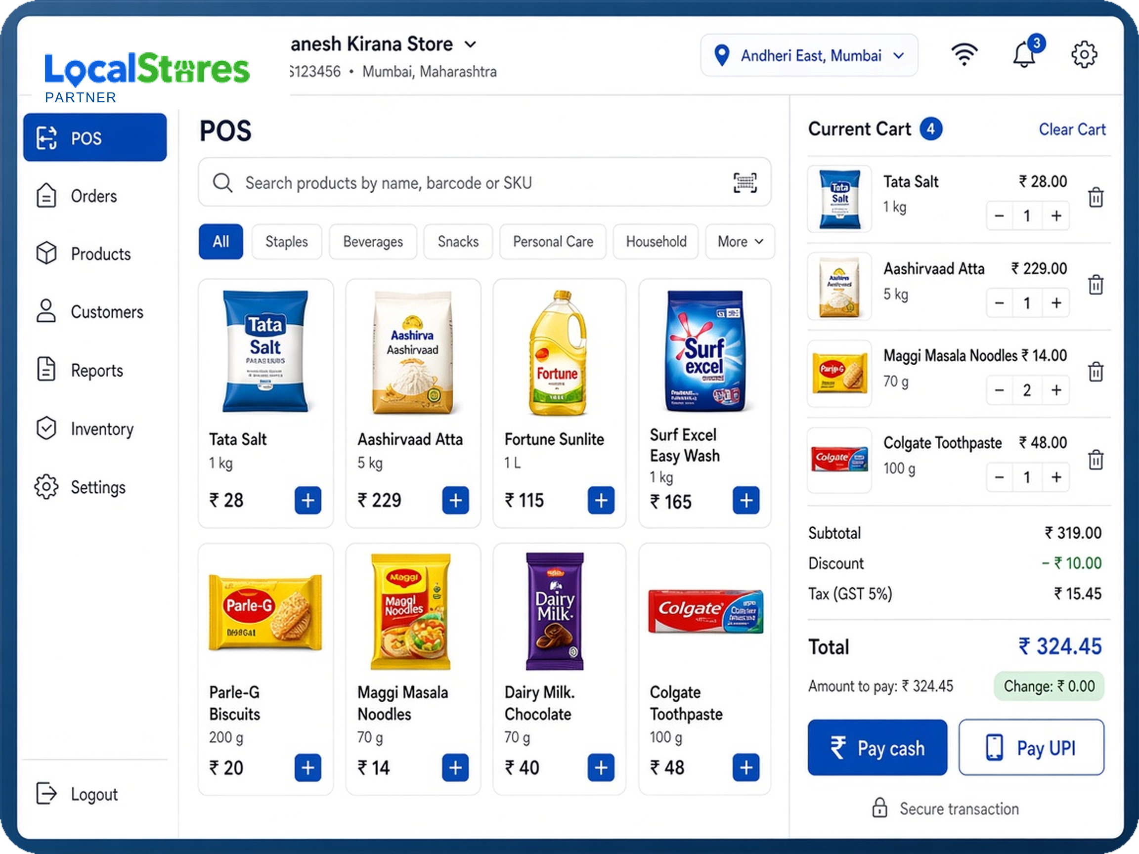 LocalStores Partner POS on tablet: product catalogue and current cart.